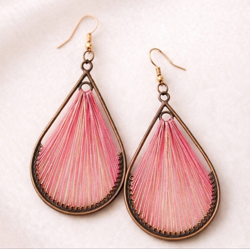 3" Boho Chic Pink and Gold Shimmer Threaded Teardrop Earrings Framed In Copper